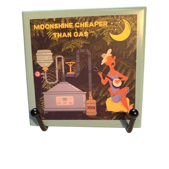 Moonshine Cheaper than Gas Ceramic Set of 4 Square Drink Coasters - Picture 1 of 4